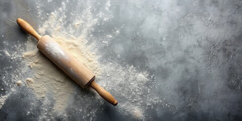 Closeup of a rolling pin and scattered flour on a grey textured table, baking, kitchen utensil, baking tool