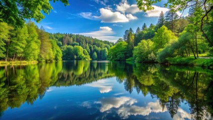Tranquil lake surrounded by lush forest trees, serene, nature, peaceful, water, reflection, idyllic, calm, scenery