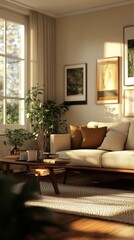 Cozy and Inviting Minimalist Living Room with Vibrant Greenery and Warm Lighting