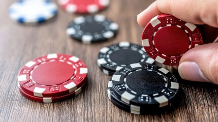 Red Poker Chip Closeup with Hand and Chips on Wooden Table