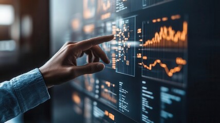 Hands interacting with floating translucent graphs displaying supply chain performance data photorealistic