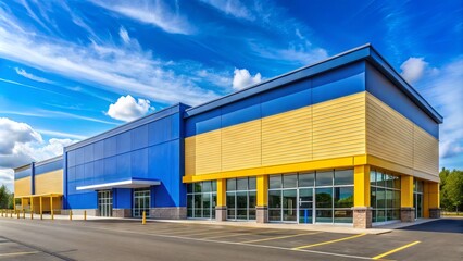 Obraz premium A large retail store with a vibrant blue and yellow facade, surrounded by a vast parking lot, situated