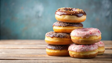 A stack of delicious doughnuts , dessert, sweet, bakery, treat, snack, sugary, round, tasty, confectionery, indulgence