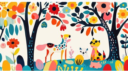 Fototapeta premium Colorful Floral Forest with Animals: A Vibrant Illustration of Nature's Beauty