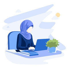 Fototapeta premium Hijab muslim girl office worker with laptop vector illustration XXI