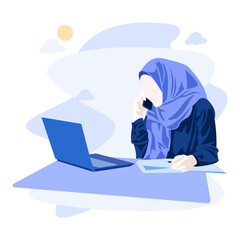 Hijab muslim girl office worker with laptop vector illustration XXIII