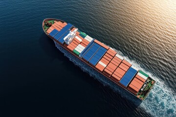 Fototapeta premium Photorealistic cargo ship powered by renewable energy transporting goods in an eco-friendly supply chain