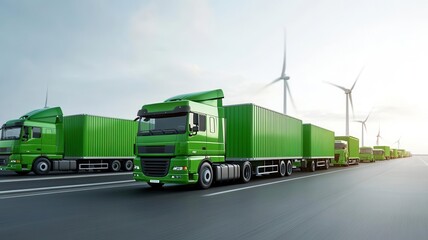 Photorealistic image of green transport trucks driving through a renewable energy-powered logistics hub