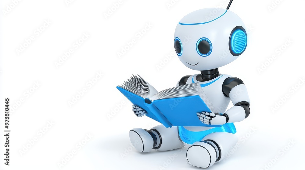 Poster robot reading a book futuristic technology artificial intelligence learning knowledge education