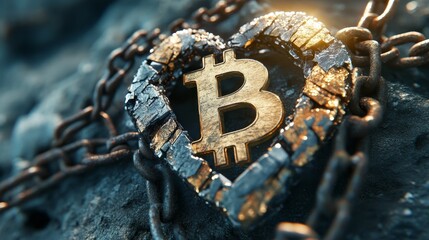 Abstract heart shape made of broken chains and Bitcoin symbols, cryptocurrency, financial freedom