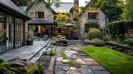 Obraz premium Done viwe Hard landscaping, new luxury stone patio and garden of an English home