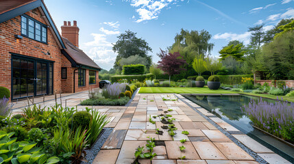 Fototapeta premium Done viwe Hard landscaping, new luxury stone patio and garden of an English home
