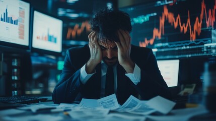 Businessman stressed with debt documents and stock charts in the background, Debt and stocks, Financial struggle
