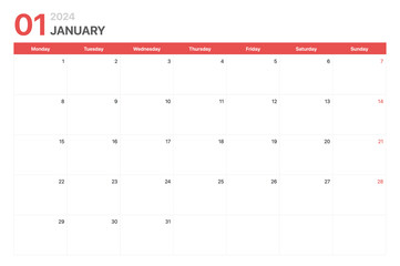 Calendar 2024. Calendar week 2024 starts on Monday. Corporate minimalist clean calendar for January 2024