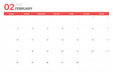 Calendar 2025. Calendar week 2025 starts on Monday. Corporate minimalist clean calendar for February 2025