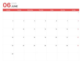 Calendar 2025. Calendar week 2025 starts on Monday. Corporate minimalist clean calendar for June...