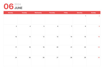 Calendar 2024. Calendar week 2024 starts on Monday. Corporate minimalist clean calendar for June 2024