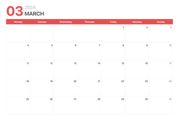 Calendar 2024. Calendar week 2024 starts on Monday. Corporate minimalist clean calendar for March 2024