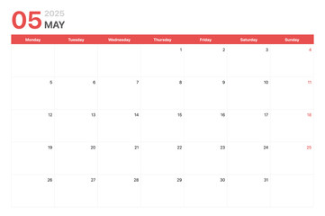 Calendar 2025. Calendar week 2025 starts on Monday. Corporate minimalist clean calendar for May 2025