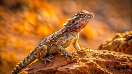 A lone, spiky thorny lizard perches on a weathered rock outcropping, its scaly skin blending into the arid