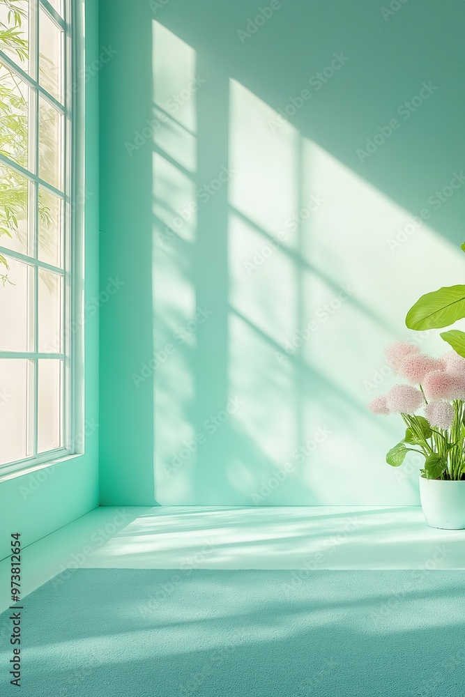 Poster empty room with sunlight casting shadows from window in minimalist house