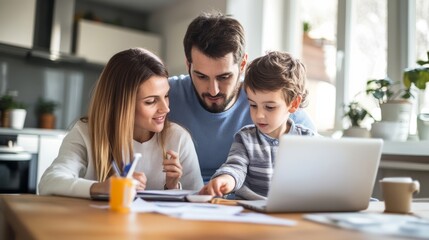 Family discussing mortgage refinancing options at home, responsible financial decisions