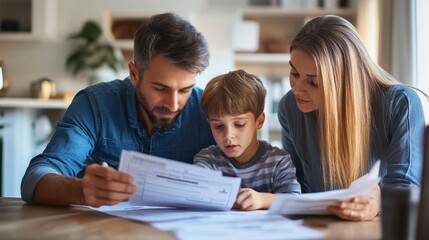 Fototapeta premium Family reviewing mortgage documents at home, focusing on financial responsibility
