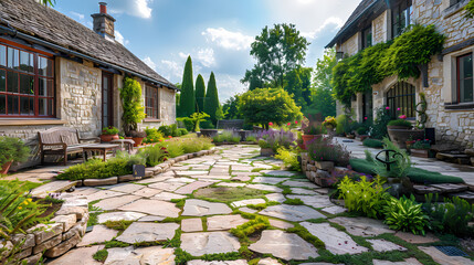 Obraz premium Done viwe Hard landscaping, new luxury stone patio and garden of an English home