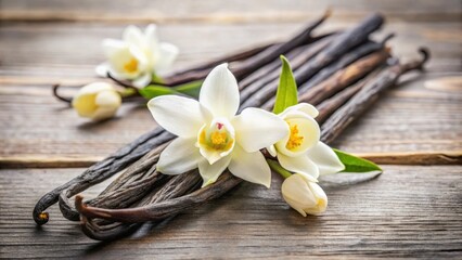 Naklejka premium Vanilla beans with delicate flowers, vanilla, beans, flowers, natural, ingredient, aromatic, food, cooking, spice, flavor