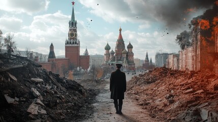 Dramatic Cityscape of Moscow s Iconic Landmarks Amidst Wartime Destruction