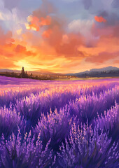 Obraz premium Beautiful Lavender Field at Sunset: High-Resolution Digital Art for Greeting Cards, Invitations, or Banners Celebrating Summer or Seasonal Events