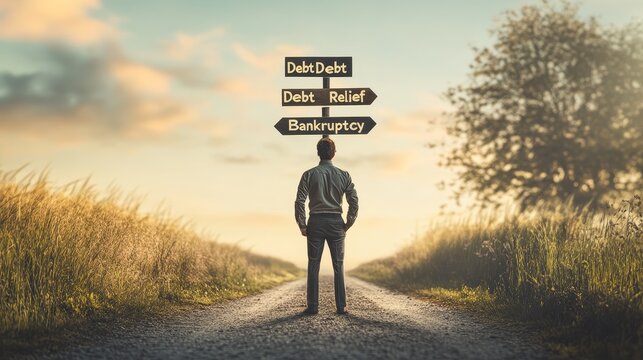Individual standing at a crossroads with signs pointing to "Debt Relief" and "Bankruptcy," symbolizing tough financial decisions