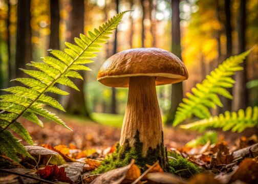 A lush forest floor with autumn leaves and ferns surrounding a prized king bolete mushroom, its brown cap