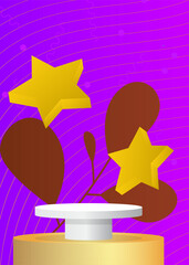 Simple multicolored abstract product display. Realistic vector 3D room, cylinder pedestal podium. Stage showcase for presentation. Futuristic Sci-fi minimal geometric forms, empty scene.