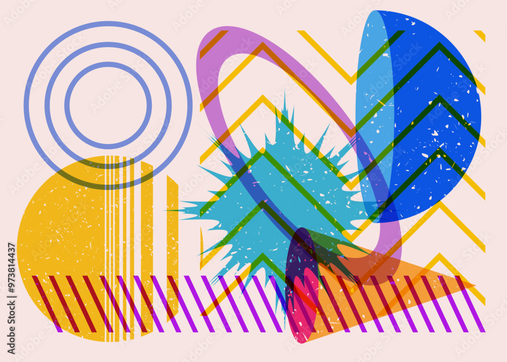 Poster colorful geometric shapes. object in trendy riso graph design. geometry elements abstract risograph 