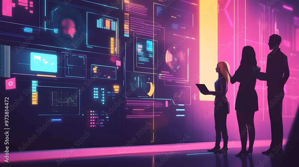 Poster silhouetted figures analyzing data on a futuristic interface