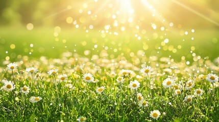 Sunny Meadow with Blooming Daisies and Bokeh Lights