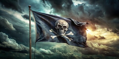 A macabre flag featuring a stylized skull emblem waving in the wind, set against a moody, ominous backdrop