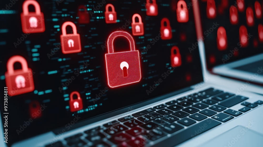 Poster cyber security digital lock data protection computer privacy red lock icon on laptop