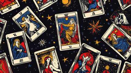 Classic Tarot Cards Pattern, featuring traditional Tarot cards like The Fool, The Magician, and The Lovers, with mystical details, Halloween, with copy space