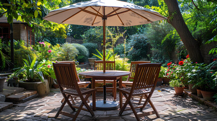 Obraz premium Done viwe London garden in summer with patio, wooden garden furniture and a parasol or sun umbrella