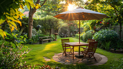 Obraz premium Done viwe London garden in summer with patio, wooden garden furniture and a parasol or sun umbrella