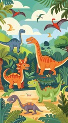 Vector illustration of dinosaur silhouette including Stegosaurus, Brontosaurus, Velociraptor, Triceratops, Tyrannosaurus rex, and Spinosaurus
