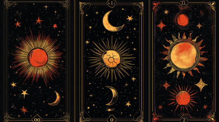 Celestial Tarot Cards Pattern, cards with stars, moons, and sun motifs incorporated into Tarot symbols, Halloween, with copy space