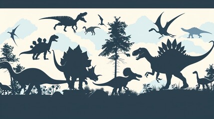 Vector illustration of dinosaur silhouette including Stegosaurus, Brontosaurus, Velociraptor, Triceratops, Tyrannosaurus rex, and Spinosaurus
