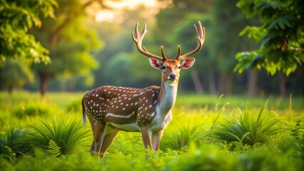 A majestic axis axis deer stands alert in a lush green meadow, its white-spotted coat glistening in the
