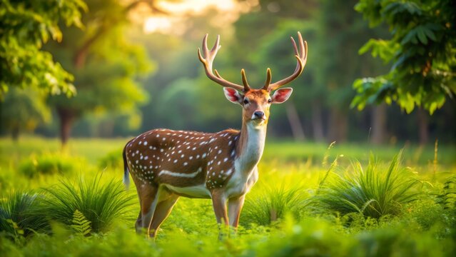 A majestic axis axis deer stands alert in a lush green meadow, its white-spotted coat glistening in the