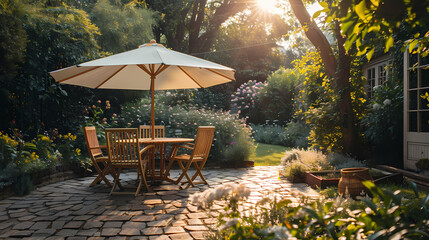 Obraz premium Done viwe London garden in summer with patio, wooden garden furniture and a parasol or sun umbrella