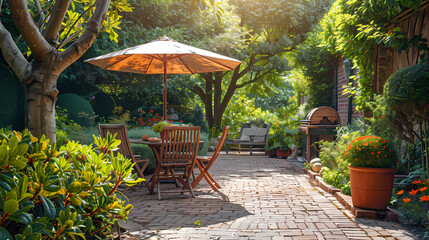 Obraz premium Done viwe London garden in summer with patio, wooden garden furniture and a parasol or sun umbrella