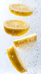 Thin lemon slices falling and splitting apart as they drop